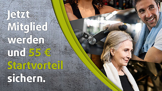 Starte fit ins neue Jahr Bild mit drei trainierenden Menschen mit der Aufschrift "Jetzt Mitglied werden und 55,00 € Startvorteil sichern."